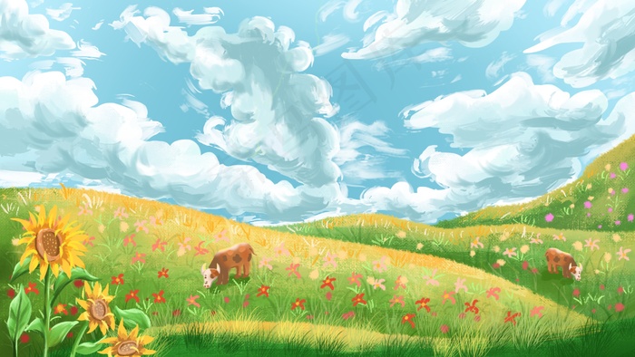 夏天小暑蓝天白云大草原向日葵(2880*1620px 300 dpi )
