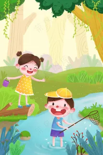 夏天小朋友小溪戏水抓鱼 夏天小朋友小溪戏水抓鱼