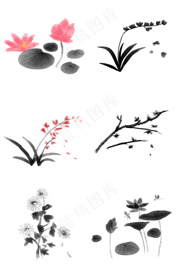 手绘水墨植物合集中国风元素(2000X3020(DPI:300))psd模版下载
