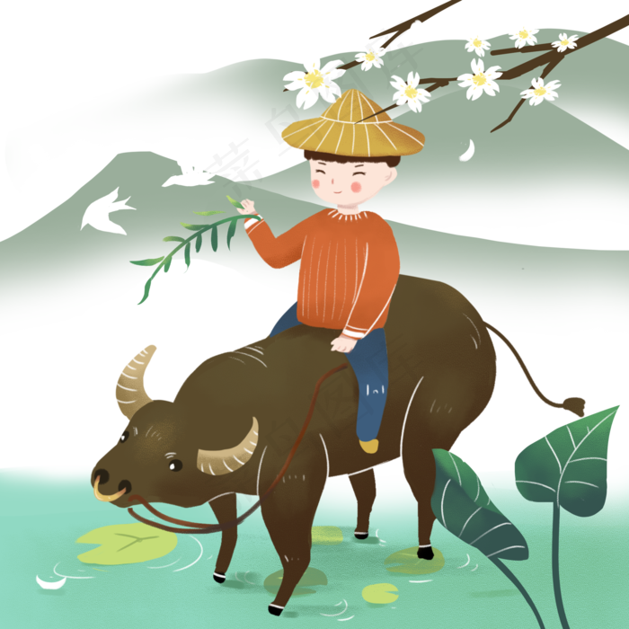 清明节水中骑牛的牧童免扣,免抠元素