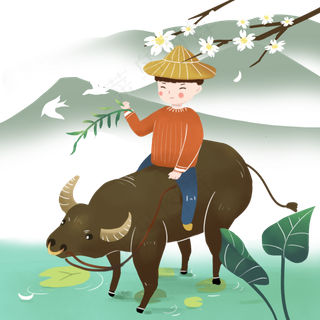清明节水中骑牛的牧童免扣,免抠元素
