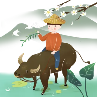清明节水中骑牛的牧童免扣,免抠元素