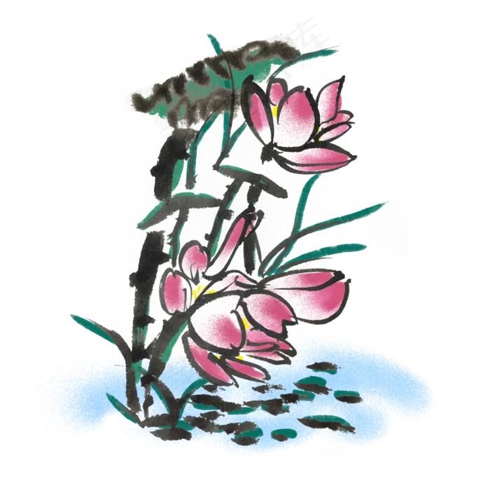 荷花荷叶水墨手绘风(4000X4000(DPI:300))psd模版下载