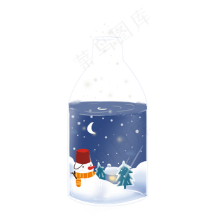圣诞节平安夜夜晚景色玻璃瓶,免抠元素