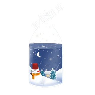 圣诞节平安夜夜晚景色玻璃瓶,免抠元素