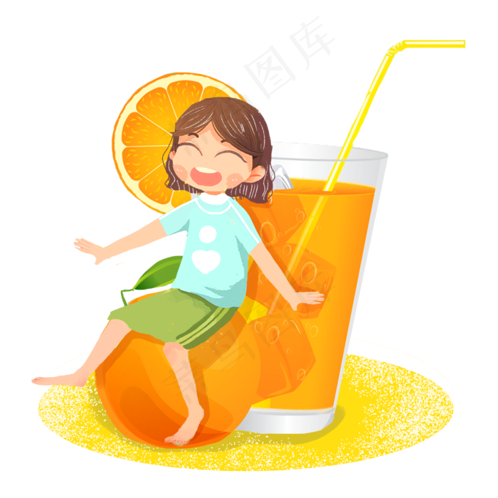 小暑橘子汽水女生png素材