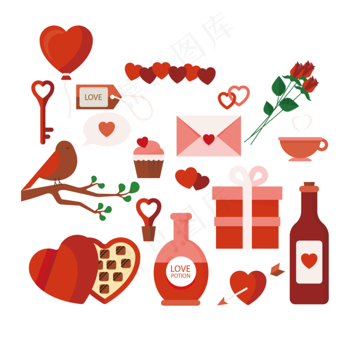 卡通红色婚礼情人节元素