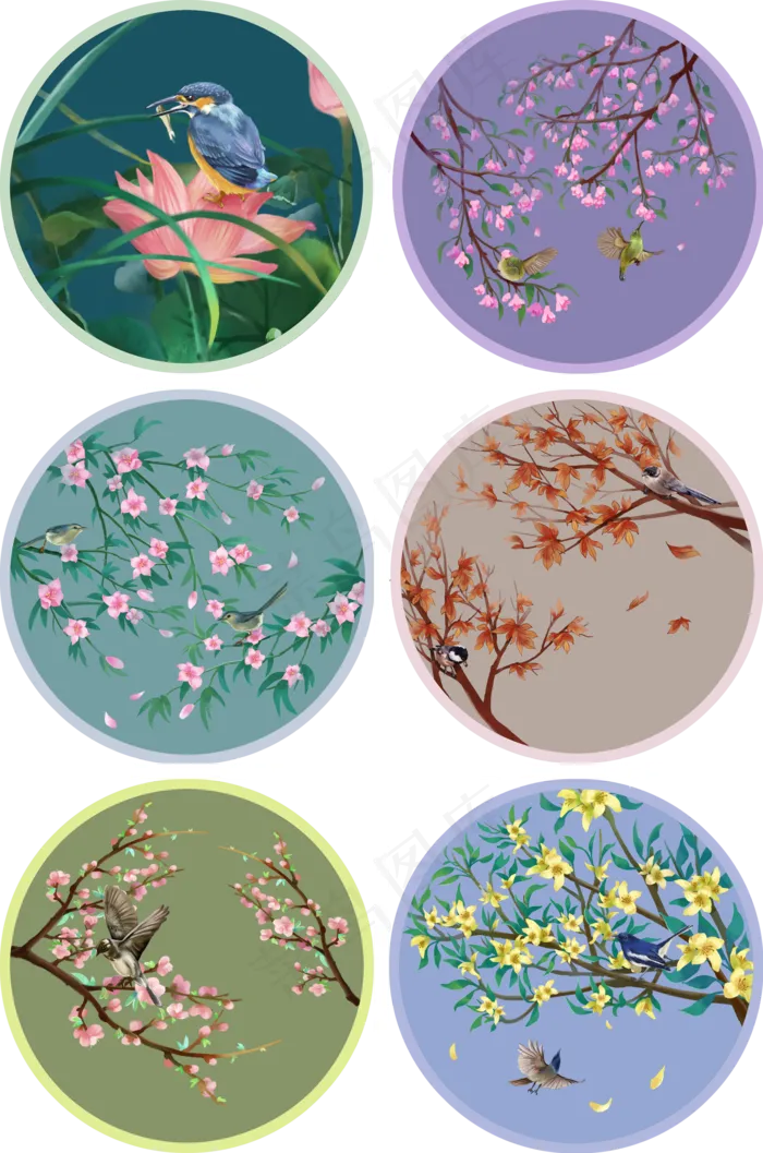 手绘中国风花鸟装饰画壁纸壁画合,免抠元素