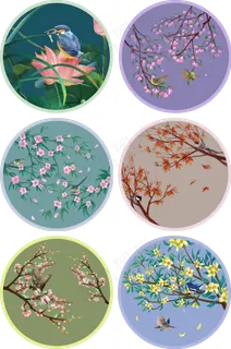 手绘中国风花鸟装饰画壁纸壁画合,免抠元素