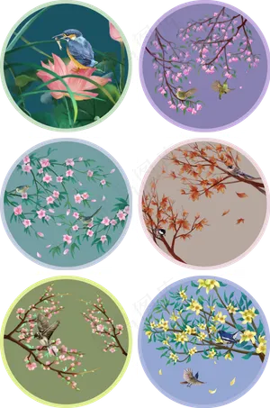 手绘中国风花鸟装饰画壁纸壁画合,免抠元素