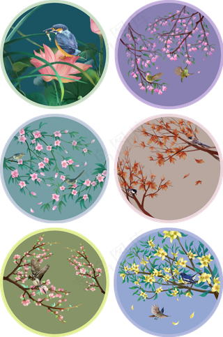 手绘中国风花鸟装饰画壁纸壁画合,免抠元素