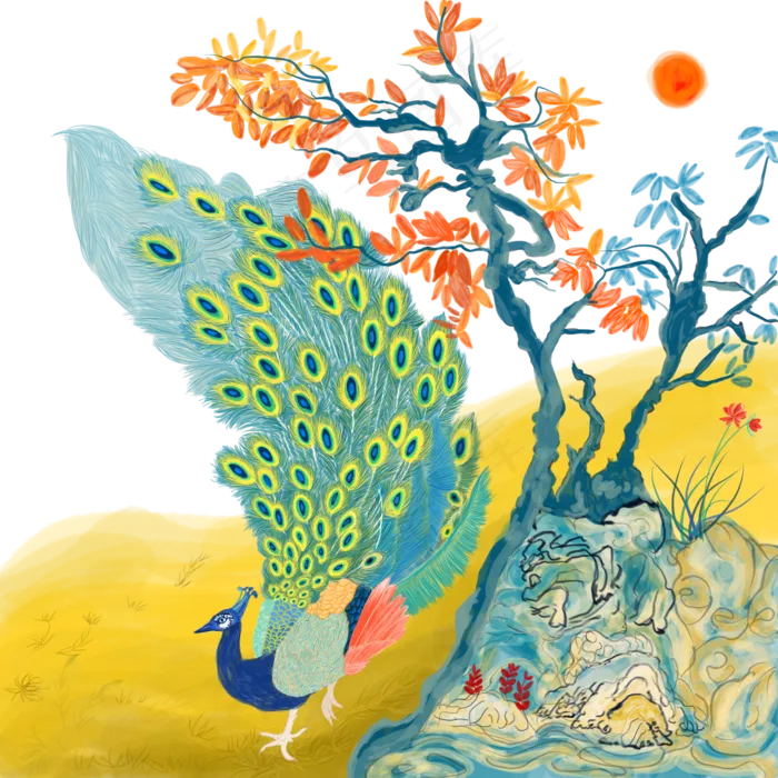 中国风水墨水彩工笔秋日的孔雀手(2000X2000(DPI:300))psd模版下载