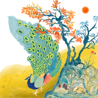 中国风水墨水彩工笔秋日的孔雀手 中国风水墨水彩工笔秋日的孔雀手