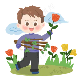 植树节卡通男生抱树枝PNG素材