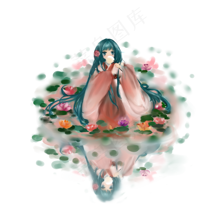 中国风荷花莲花池长发少女(4724X4724(DPI:300))psd模版下载