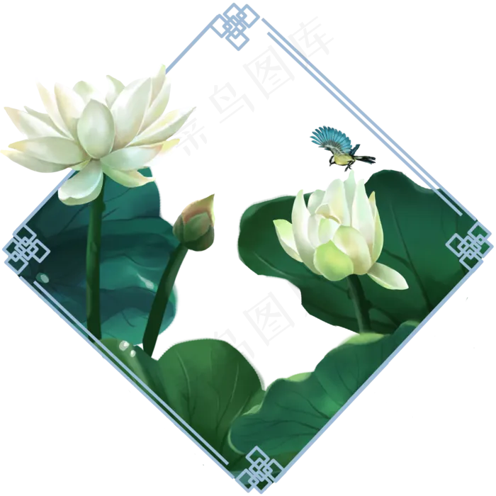 荷花白荷唯美中国风花鸟边框,免抠元素