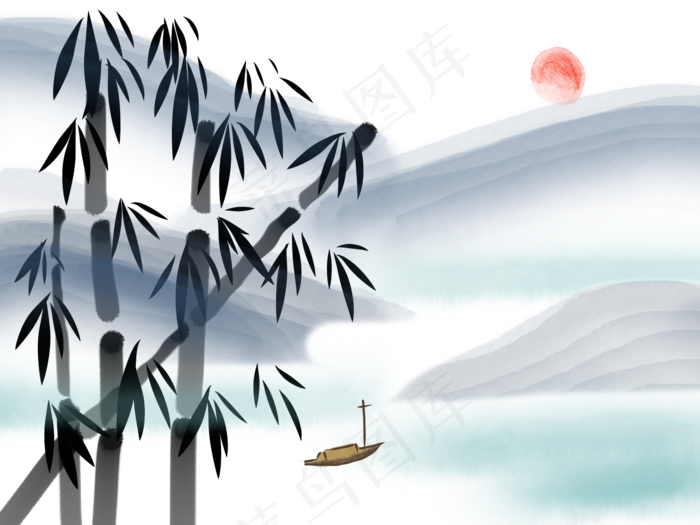 水墨山水风景画(2000X1500(DPI:300))psd模版下载