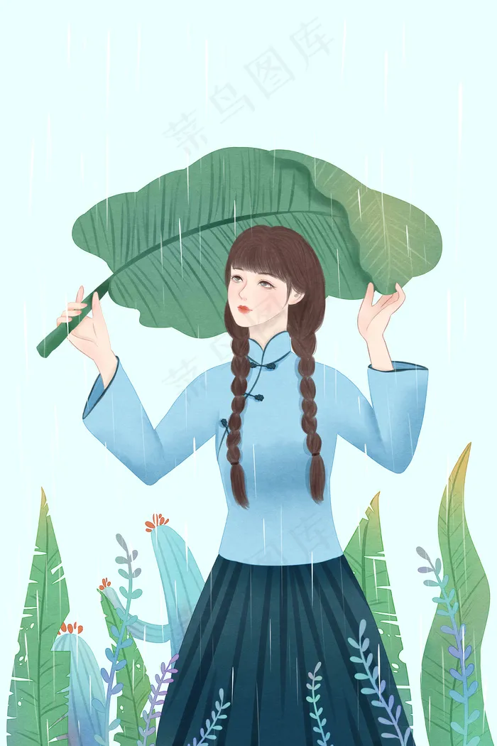 少女拿着树叶遮雨(3545X5315(DPI:299))psd模版下载