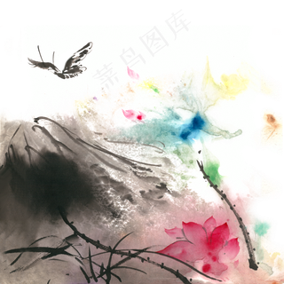 朦胧荷花水墨画PNG免抠素材