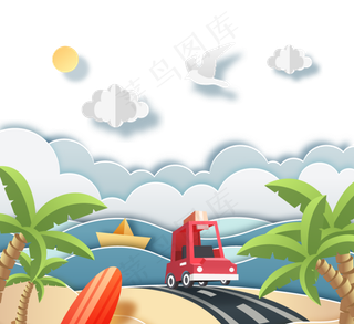 美丽的夏天海滩旅行剪纸