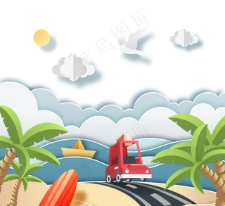 美丽的夏天海滩旅行剪纸