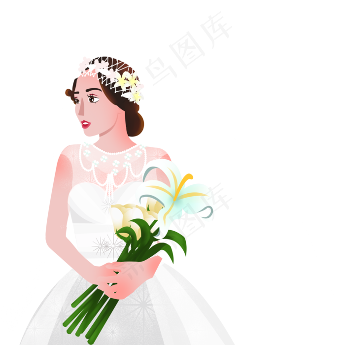 卡通美丽新娘手捧花束元素