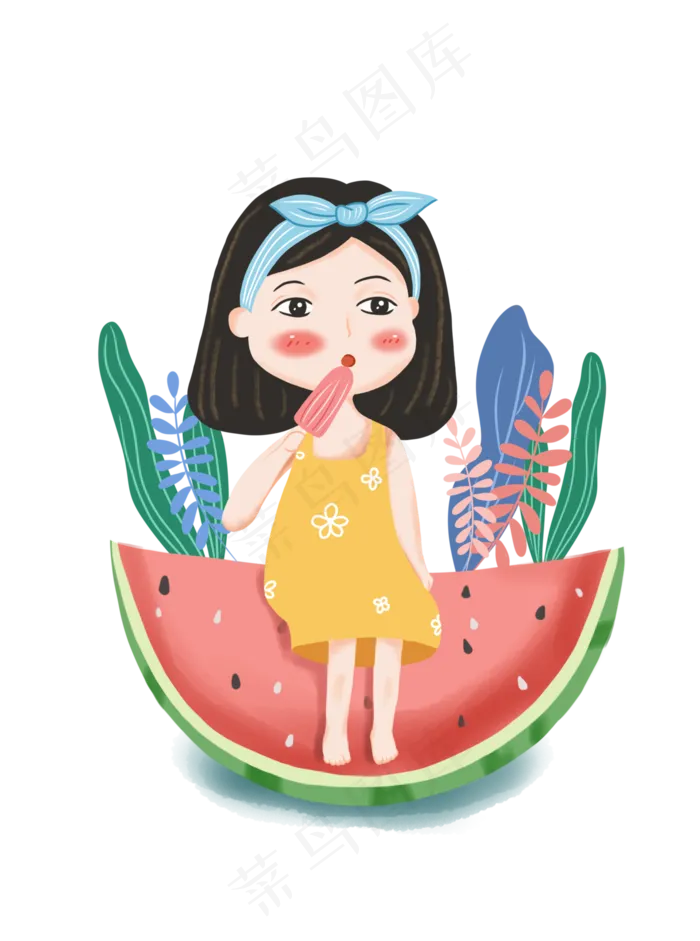 夏日西瓜上吃冰棍的小女孩,免抠元素