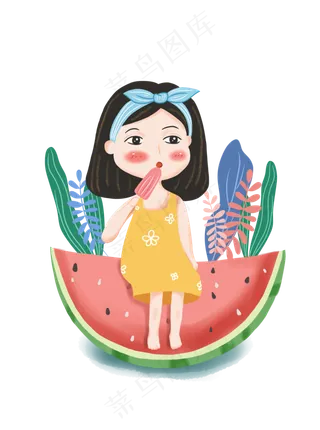 夏日西瓜上吃冰棍的小女孩,免抠元素