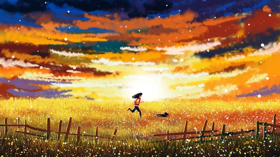 夏日女孩跑步彩色云朵夕阳下