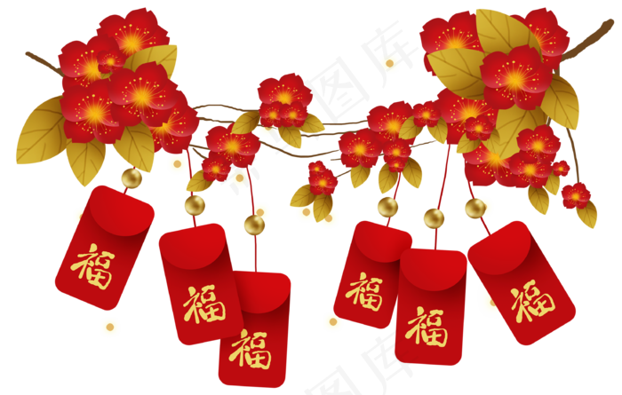 中国新年桃树和福字红包,免抠元素