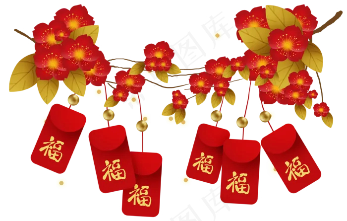 中国新年桃树和福字红包,免抠元素(2861X2000(DPI:300))psd模版下载