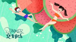 绿色系卡通手绘风夏至西瓜男孩女孩配图