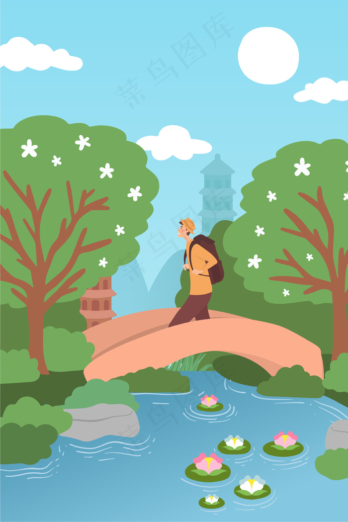 卡通踏春出游春季旅行自然风景插画