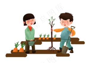 萝卜田里种树的男孩女孩