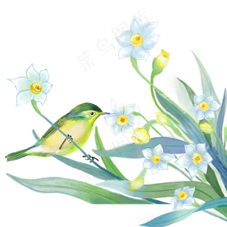 水彩青色鸟儿,免抠元素