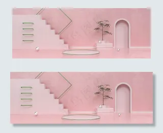 小清新粉色C4D立体场景电商banner
