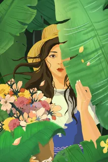 春天里采花的女孩清新治愈唯美