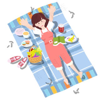 卡通小女孩在地毯上吃东西