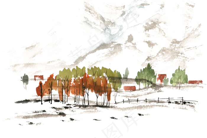 雪地中的杨树林水彩画PNG免抠(7087X4724(DPI:300))psd模版下载