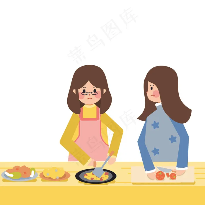 扁平化小清新母女俩一起做饭,免抠元素(1024*1369px)psd模版下载