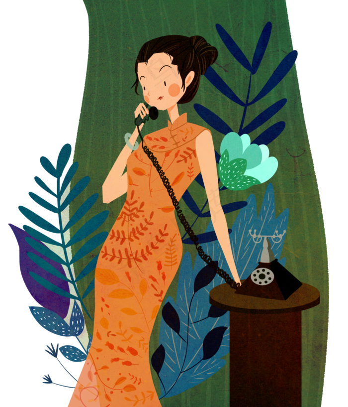 复古民国旗袍女子电话,免抠元素