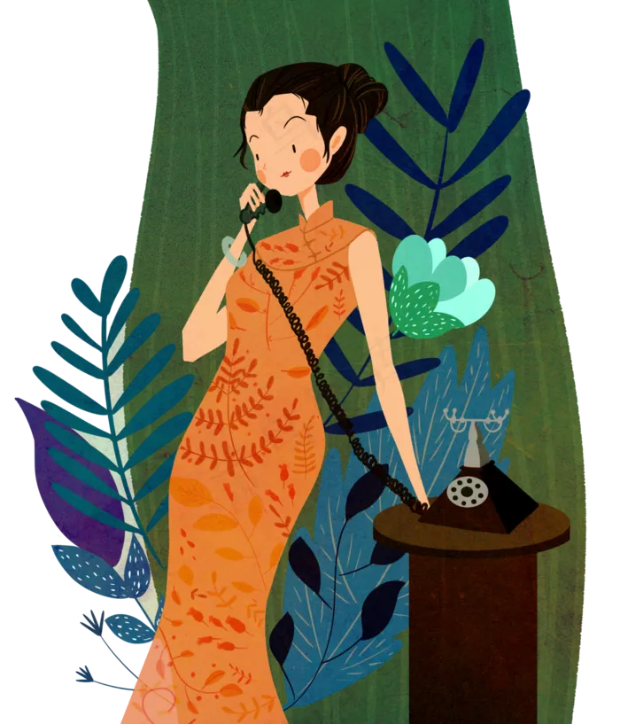 复古民国旗袍女子电话,免抠元素(3000*3500px 300 dpi )psd模版下载