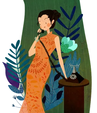 复古民国旗袍女子电话,免抠元素