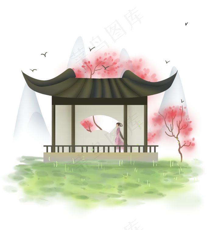 中国风中式庭院里的少女,免抠元素