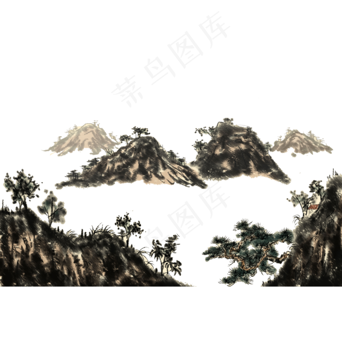 水墨山水松石头国画开阔PNG,免抠元素