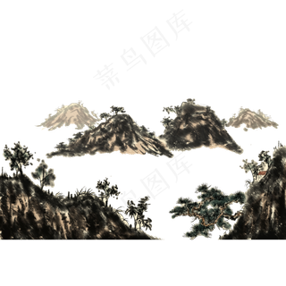 水墨山水松石头国画开阔PNG,免抠元素