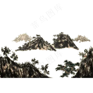 水墨山水松石头国画开阔PNG,免抠元素