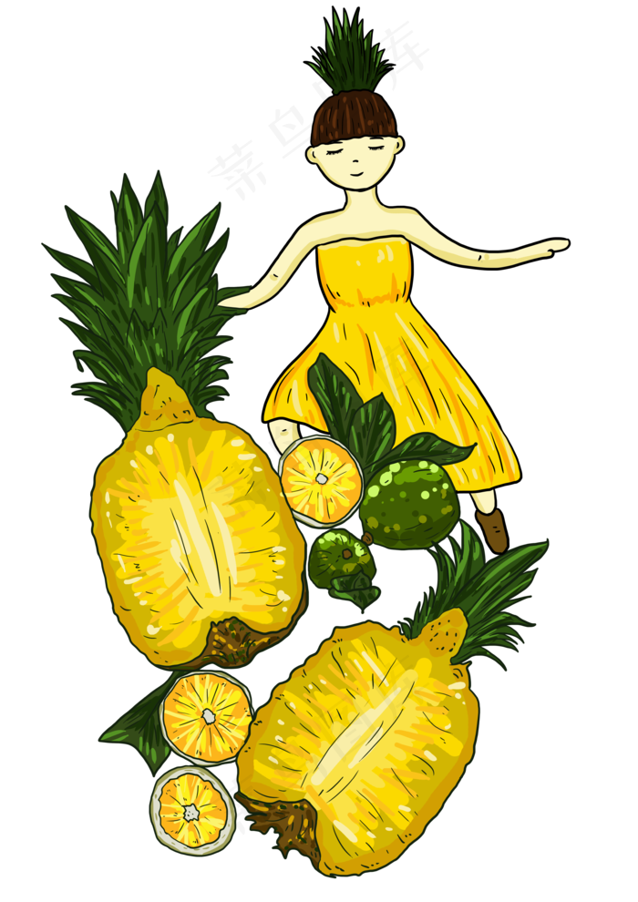 手绘卡通水果菠萝女孩插画