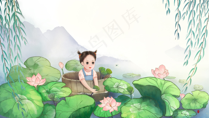 夏季荷叶莲花采莲卡通女孩池塘摘莲蓬(2880*1620px 300 dpi )psd模版下载