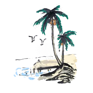 夏天椰树海滩椰子手绘 夏天椰树海滩椰子手绘